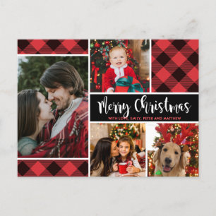 Modern Red Buffalo Plaid 4 Photo Collage Christmas Postcard