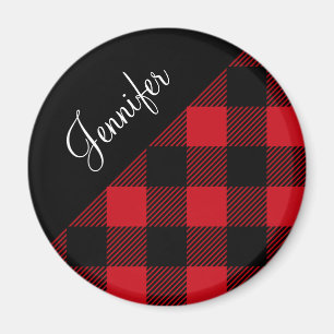 Modern Red Buffalo Plaid Check Pattern Name Magnet