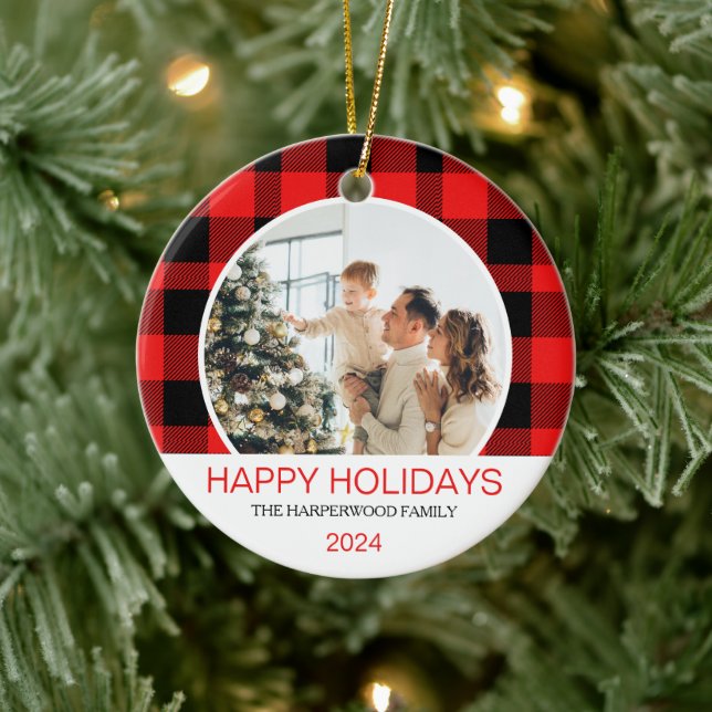Modern Red Buffalo Plaid Christmas Family Photo Ceramic Tree Decoration (Tree)