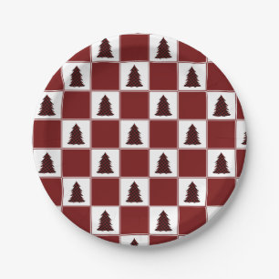 Modern Red Buffalo Plaid Christmas Tree Pattern Paper Plate