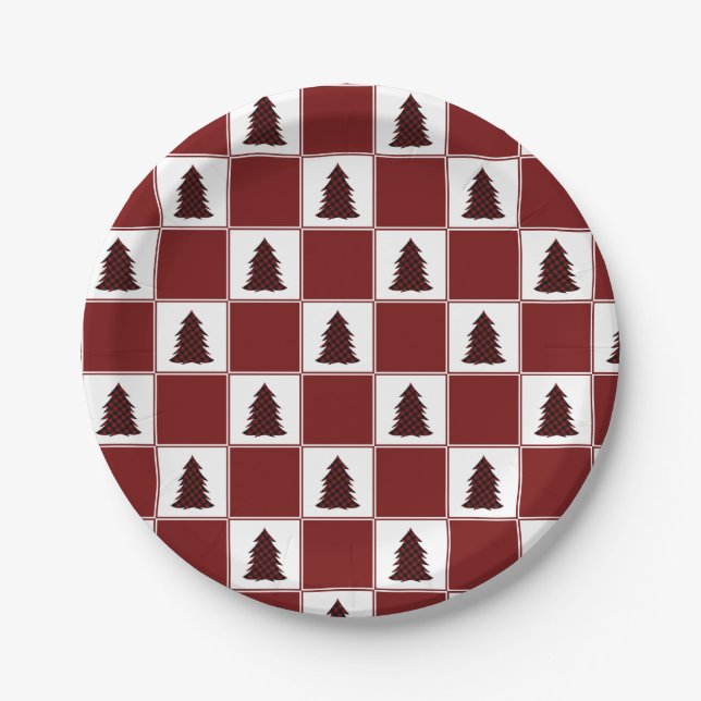 Modern Red Buffalo Plaid Christmas Tree Pattern Paper Plate (Front)