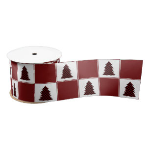 Modern Red Buffalo Plaid Christmas Tree Pattern Satin Ribbon