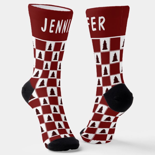 Modern Red Buffalo Plaid Christmas Tree Pattern Socks (Angled)