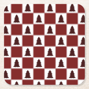 Modern Red Buffalo Plaid Christmas Tree Pattern Square Paper Coaster