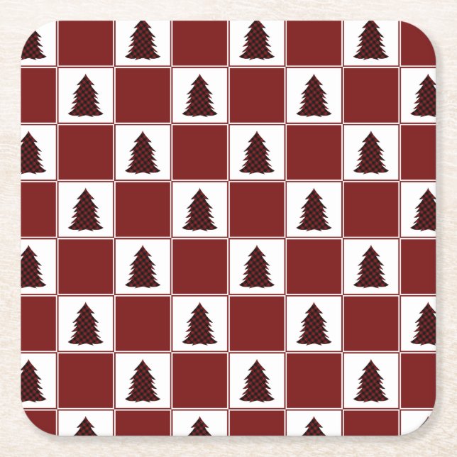 Modern Red Buffalo Plaid Christmas Tree Pattern Square Paper Coaster (Front)