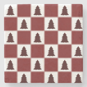 Modern Red Buffalo Plaid Christmas Tree Pattern Stone Coaster