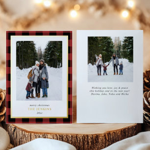 Modern Red Buffalo Plaid Christmas Two Photos Foil Holiday Card