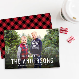 Modern Red Buffalo Plaid Family Photo Holiday Card
