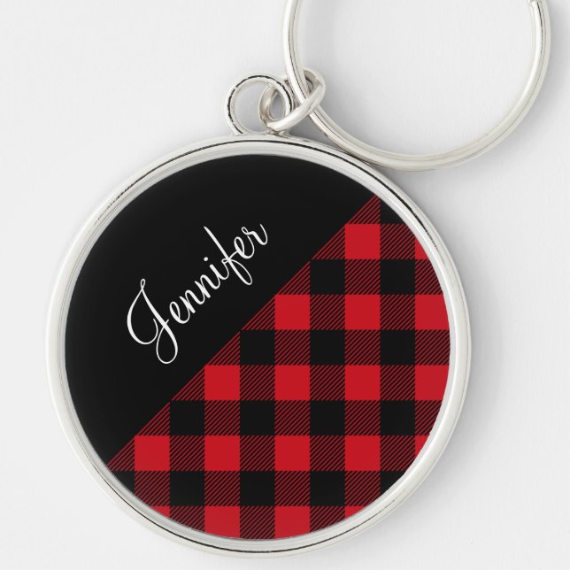 Modern Red Buffalo Plaid Name Key Ring (Front)