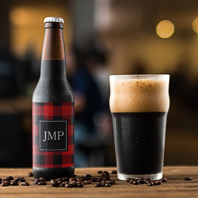 Modern Red Buffalo Plaid | Personal Initial  Beer Bottle Label (Creator Uploaded)
