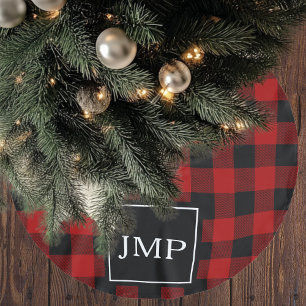 Modern Red Buffalo Plaid Personal Initial Brushed Polyester Tree Skirt