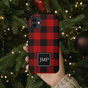 Modern Red Buffalo Plaid Personal Initial iPhone 11 Case