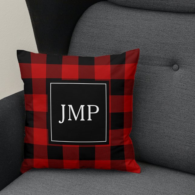 Modern Red Buffalo Plaid Personal Initial Cushion (Creator Uploaded)