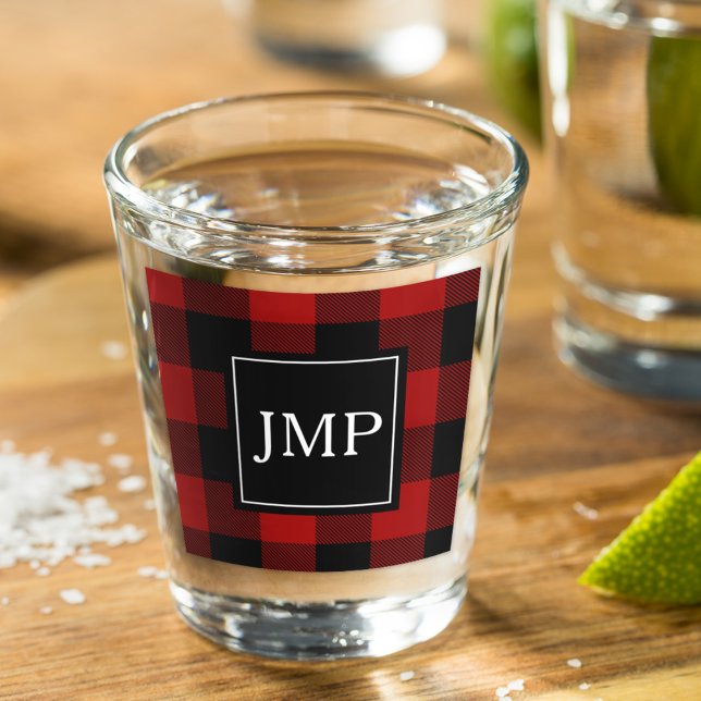 Modern Red Buffalo Plaid Personal Initial Shot Glass (Creator Uploaded)