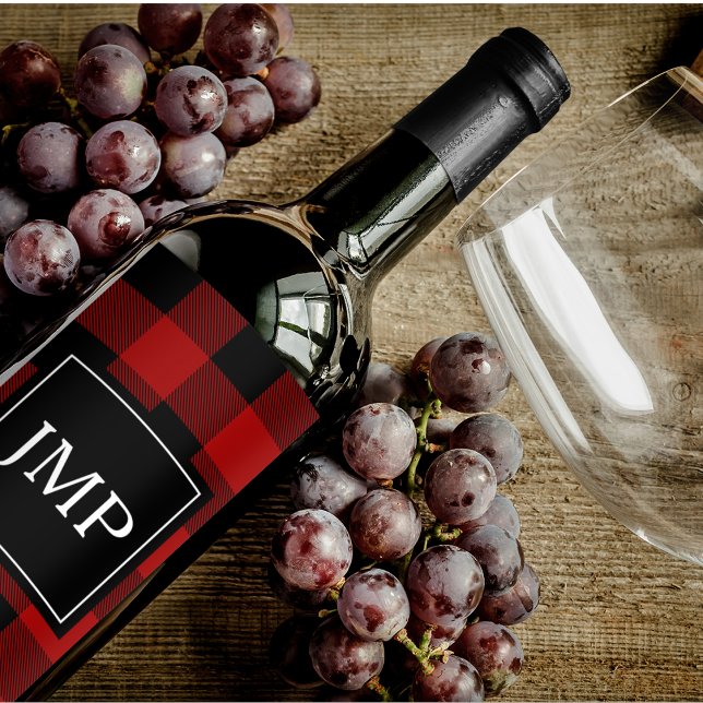 Modern Red Buffalo Plaid Personal Initial Wine Label (Creator Uploaded)