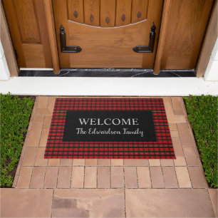 Modern red buffalo plaid Welcome family name Doormat