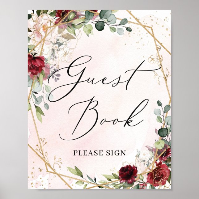 Modern red burgundy floral gold guest book sign (Front)