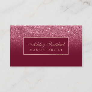 Modern red burgundy glitter ombre makeup business card