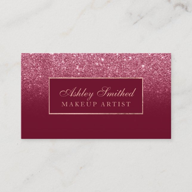 Modern red burgundy glitter ombre makeup business card (Front)