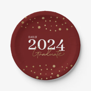 Modern Red Burgundy Gold Class of 2024 Graduate Paper Plate