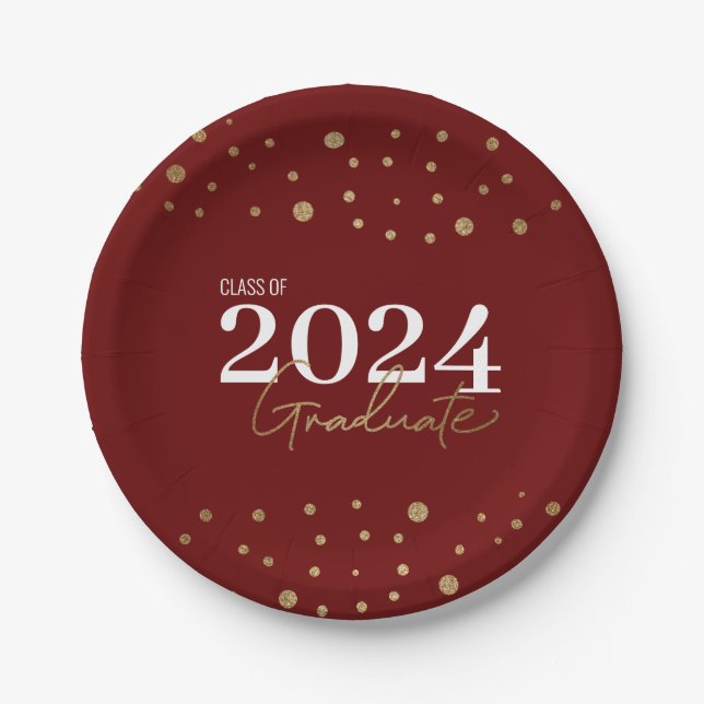 Modern Red Burgundy Gold Class of 2024 Graduate Paper Plate (Front)