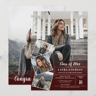 Modern red burgundy minimalist photo graduation invitation