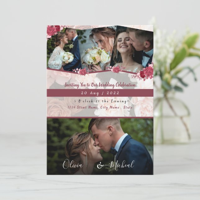 Modern  Red Burgundy save the date 4 photo collage Invitation (Standing Front)