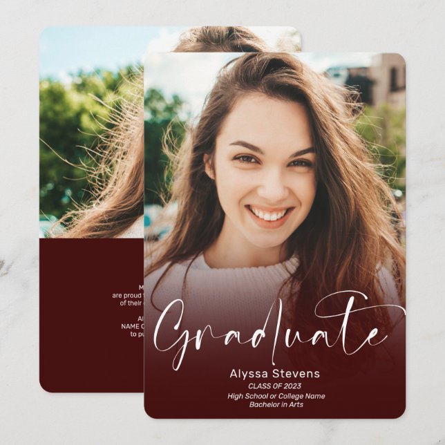 Modern red burgundy script 2 photos graduation announcement (Front/Back)