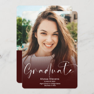 Modern red burgundy script 2 photos graduation announcement