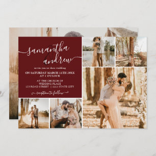 Modern red burgundy script 6 photos wedding invitation