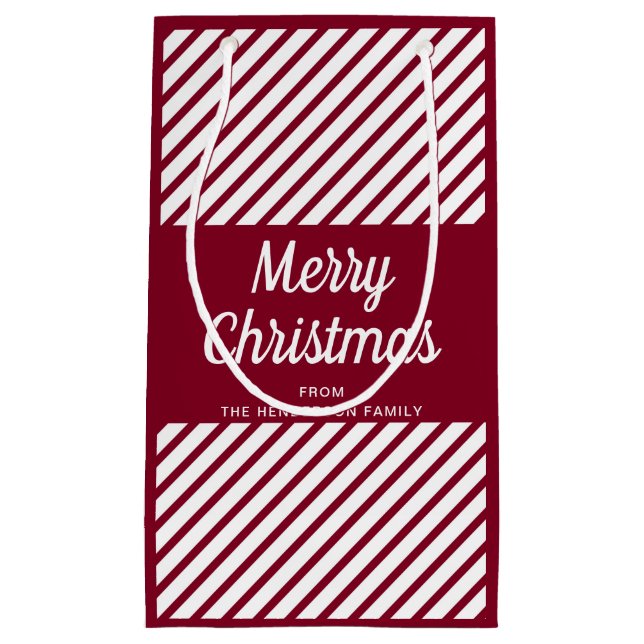 Modern Red Burgundy Stripes Christmas Small Gift Bag (Front)