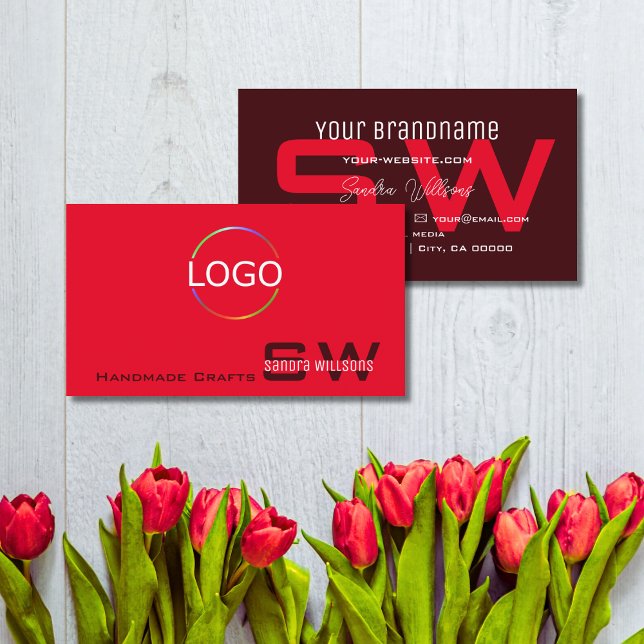 Modern Red Burgundy with Monogram and Logo Simple Business Card (Creator Uploaded)