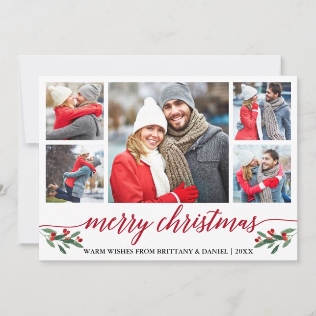Modern Red Calligraphy 5 Photo Merry Christmas Holiday Card (Front)
