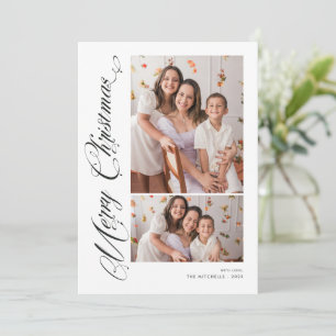 Modern Red Calligraphy Merry Christmas 3 Photo Holiday Card