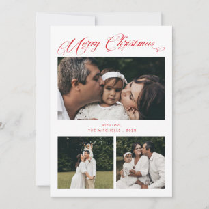 Modern Red Calligraphy Merry Christmas 4 Photo Holiday Card