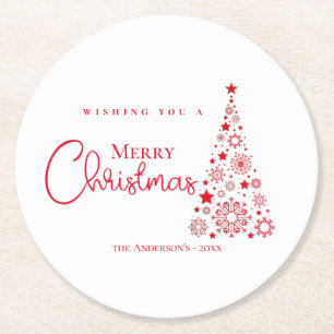 Modern Red Calligraphy Merry Christmas Round Paper Coaster
