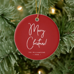 Modern Red Calligraphy Script Merry Christmas Ceramic Tree Decoration