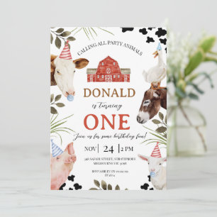 Modern Red Calling All Party Animals Farm Birthday Invitation