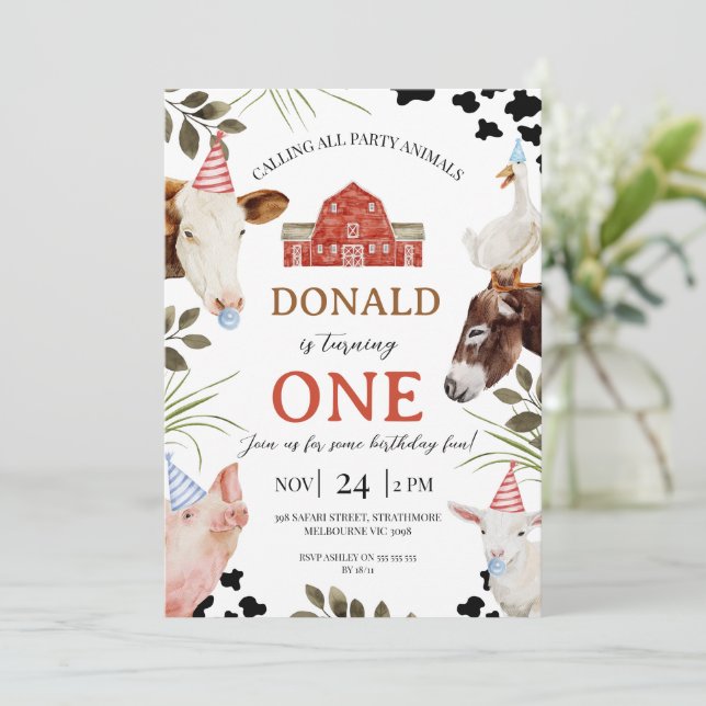 Modern Red Calling All Party Animals Farm Birthday Invitation (Standing Front)