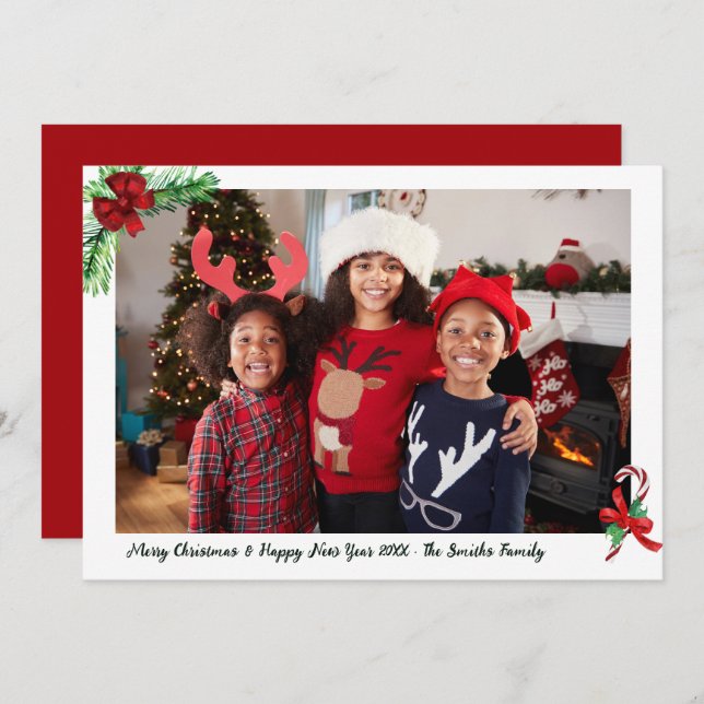Modern Red Candy Cane Family Photo Christmas Holiday Card (Front/Back)