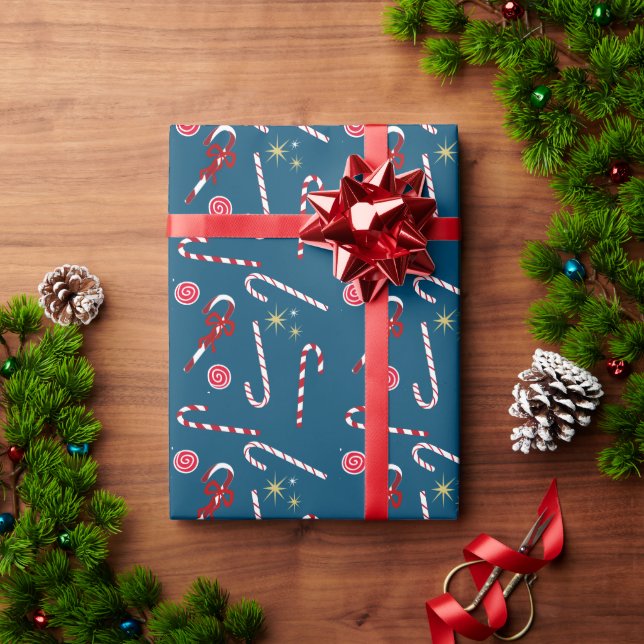 Modern Red Candy Cane Festive Christmas Blue Wrapping Paper (Holiday Gift)