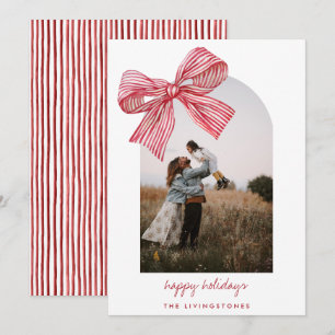 Modern Red Candy Stripes Bow & Arch Photo Holiday Card