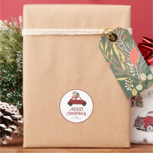Modern Red Car with Christmas Gift Family Classic Round Sticker