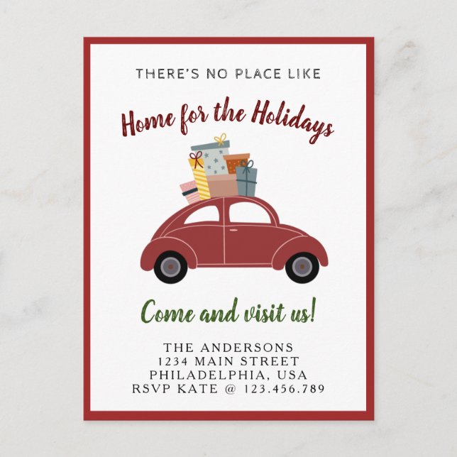 Modern Red Car with Gifts Holiday Christmas Moving Announcement Postcard (Front)