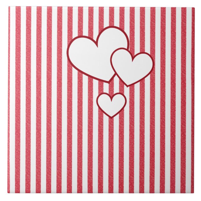 Modern Red Chalk Stripes Background Triple Hearts Tile (Front)