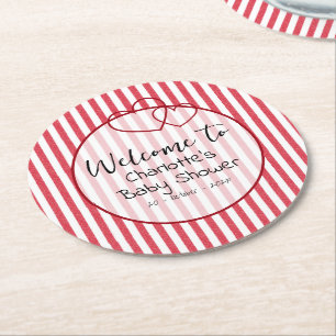 Modern Red Chalk Stripes Double Hearts Baby Shower Round Paper Coaster