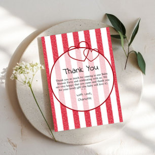 Modern Red Chalk Stripes Double Hearts Baby Shower Thank You Card