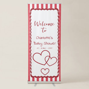 Modern Red Chalk Stripes Triple Hearts Baby Shower Retractable Banner