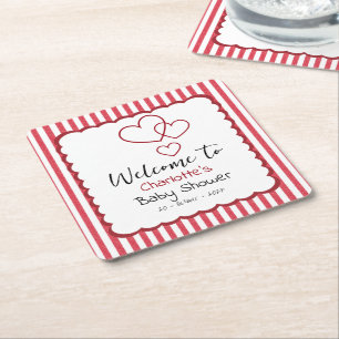 Modern Red Chalk Stripes Triple Hearts Baby Shower Square Paper Coaster