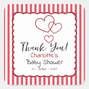 Modern Red Chalk Stripes Triple Hearts Baby Shower Square Sticker